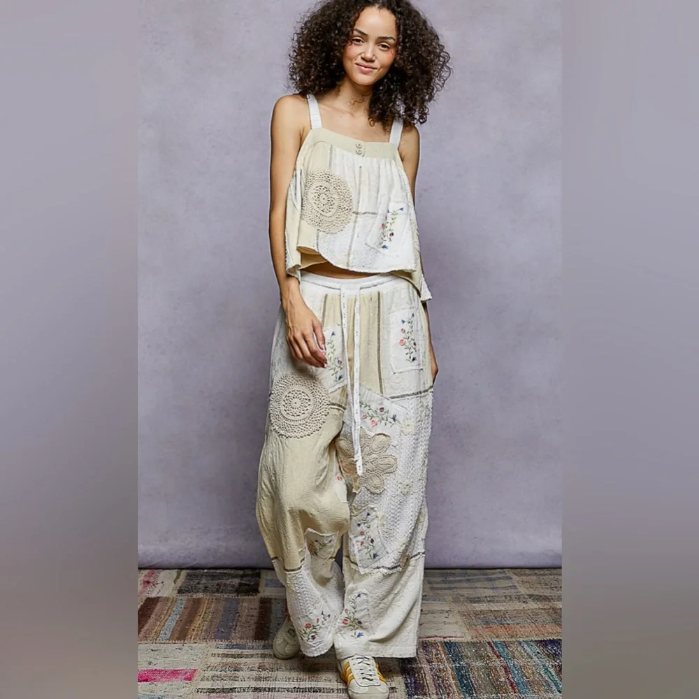 POL Solid Lace Patch Detail Woven Pants Bohemian Patchwork